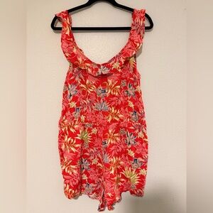 Roxy Red Floral Women Sleeveless Romper with Ruffle Neck - Size L